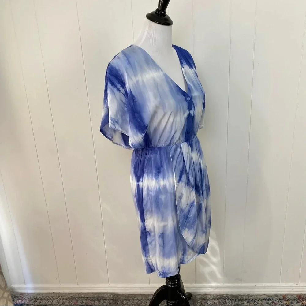 Alice‎ + Olivia Size XS Silk Tie Dye Cloud Print Flowy Button Dress Blue White